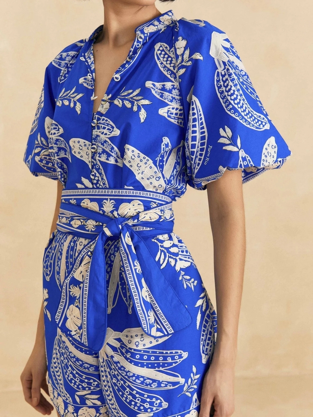 FARM Rio Blue and White LACE BANANA Printed ROMPER SIZE S - Picture 3 of 6